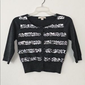 GREY SEQUIN STRIPED CROPPED CARDIGAN